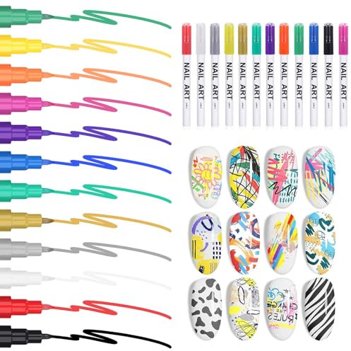 12 Color Nail Art Pens,Nail Art Tools, Nail Varnish Pens,Drawing Painting Liner Brush Art Pens,Nail Art Fine Designs Pens for DIY Nail Art Decoration DIY Dot Line Pattern, Suitable for Home Salon