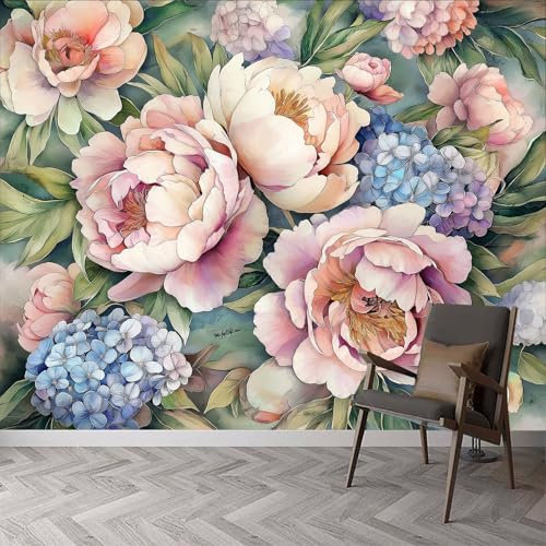 Vlies Fototapete Pflanze Aquarell Pfingstrose Blumen Wandtapete, Pflanzenblumen Fototapeten Tapeten für Wohnzimmer Schlafzimmer - B200 x H140 cm Vliestapete Wandtapete Tapete 3D Effekt