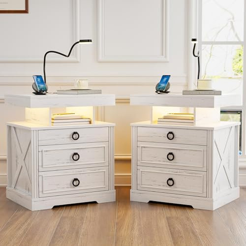 Gurexl Set of 2 LED Bedside Table with Gun Drawer, Charging Bedside Tables with USB & Type-C Port, Human Sensor Light, Open Compartment and 2 Drawers Rustic Wood Sofa Side End Table(Rustic White)