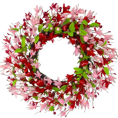 zjlmit 20inch Valentine's Day Front Door Wreath, Artificial Pink Forsythia Flower Wreath with Heart Shape Berry Green Leaves Valentine's Day Wreath for Front Door, Outdoor and Anniversary Party Favors
