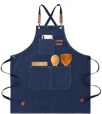HIUOUIH Delantal Cocina Hombre/Mujer Barbacoa Delantal de Trabajo con 3 Bolsillos, Azul Oscuro