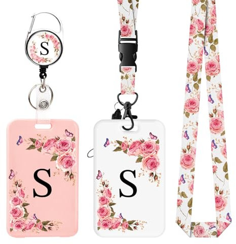 2 pièces Porte Badge avec Lettres A-Z, Lanière Détachable et Clip Rétractable, Porte Cartes Personnalisé avec Enrouleurs de Badge pour Femmes Infirmières Enseignants Étudiants Bureau (S)