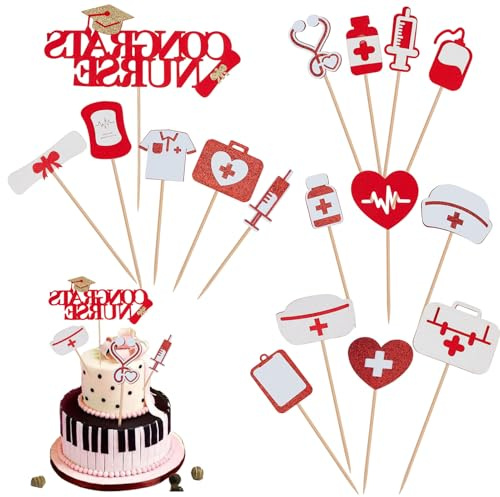 NICENEEDED Cupcake Topper „Krankenschwester“ – 17 Stück Cupcake Picks Zum Schulabschluss Mit Krankenschwesterkappe In Herzform Für Medizinische