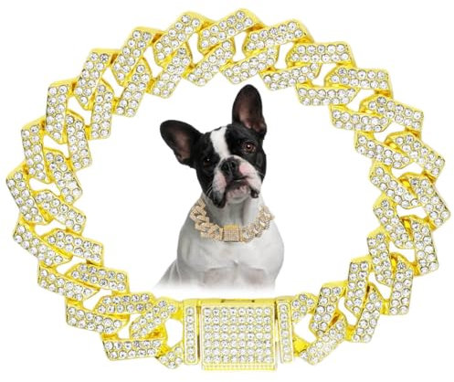 Goldene Kette, Hundehalsband, Strass-Hundehalskette, Welpenhalsband, Glitzerkette, glitzernd, kubanische Glieder für kleine, mittelgroße und große Haustiere, 40,6 cm