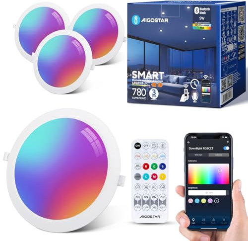 Aigostar Mesh 9W Downlight LED Techo Emportrable Inteligente, Focos Empotrada Bluethooth Mesh Compatible con Alexa, 780LM RGB y Blanco 2700-6500K, con Control Remoto, IP44, Ф120-130mm, 3 Uds