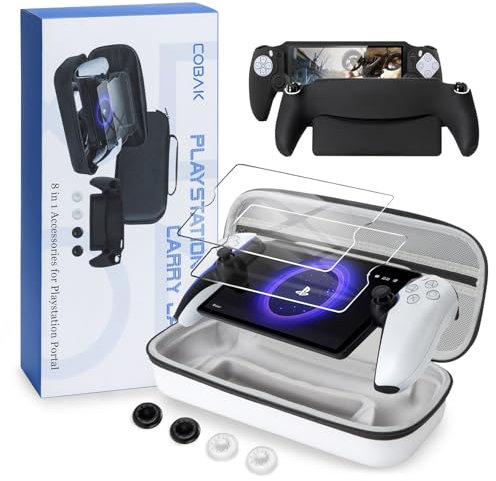CoBak Hartschalenkoffer Tasche für PlayStation Portal Remote Player - mit 2 Bildschirmschutzfolien, 1 Griffhülle und 4 Daumengriffkappen, harte Außenhülle für PS5 Portal, weiß