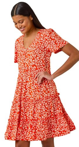 Roman Originals Smock Dress for Women UK Ladies Cotton Summer Embroidered Frilled Tiered Casual Beach Cruise Holiday Cocktail Party 3/4 Sleeve Pull On Gathered Skirt - Orange - Size 18