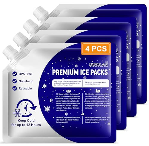 COZCLAM 4er Set Kühlakkus für Kühltasche, Kühlbox & Kühlrucksack, Wiederverwendbar Kühlelemente mit Langer Kühldauer bis zu 12 Stunden, Einfache Lagerung, Auslaufsicher Kühlpack für Camping&Picknick
