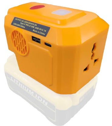 Portable Power Inverter Generator,Fit for DEWALT 18V/20V Lithium Battery,DC18V to AC 220-230V Portable Power Station for Phone Charger Adapter,1 USB Ports & 1 Type-C & 1 AC Outlet, 200LM LED Light