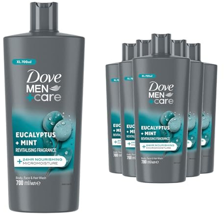 Dove Men +Care Eucalyptus + Mint 3-in-1 Hair, Face and Body Wash Body Cleanser Shower Gel, Pack of 6, 24 Hour Micro Moisture Technology Invigorate and Refreshing 700 ml