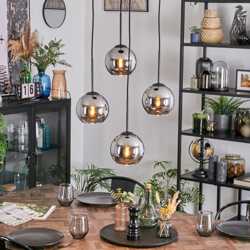 HOFSTEIN Hängeleuchte Koyoto, 4-flammige Hängelampe aus Metall/Glas in Schwarz/Chrom/Rauch, moderne Pendelleuchte im Retro/Vintage-Design (Schirme Ø 15 cm), E27, Esszimmer, Küche, Wohnzimmer, Flur