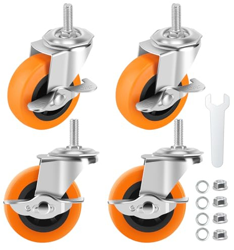 Caster Wheels with Threaded Stem, 3 Inch Locking Swivel Casters Set of 4