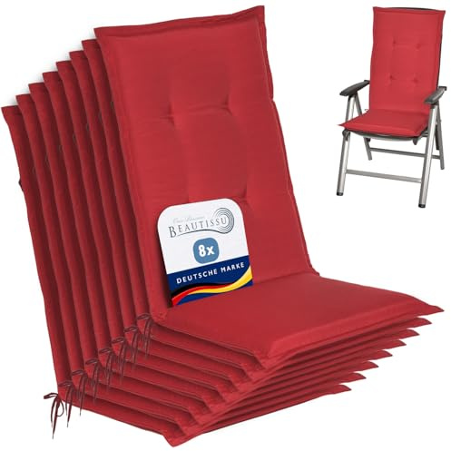 Beautissu 8er Set Gartenstuhlauflage Hochlehner Polster Auflage Sitzkissen | 120x50x6cm Rot weiche Sitzpolster & Stuhlauflage für Gartenmöbel Schaumkern Füllung Polsterauflage Loft HL