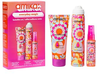 amika everyday magic bestsellers set - includes travel size soulfood nourishing hair mask, perk up talc-free dry shampoo spray + the wizard silicone-free detangling primer (3 pieces)