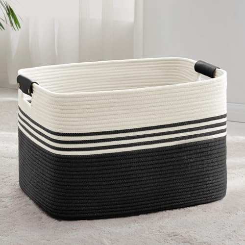 Wäschekorb Geflochten Groß aus Baumwollseil, 86L Aufbewahrungskorb mit Lederhenkeln, Korb für Decken, Kleidung, Spielzeug, Laundry Basket für Kinderzimmer Wohnzimmer, 60 x 40 x 36cm, Weiß und Schwarz