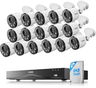 ZOSI 4K PoE Überwachungskamera Set Aussen, 16CH NVR 4TB HDD, 16X 8MP Kamera | Personen- und Fahrzeugerkennung, Audioüberwachung, 30M IR Nachtsicht, 24/7-Aufnahme, C180