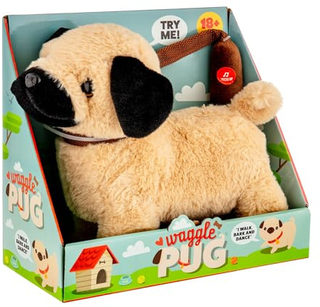 PaMeer Interactive Dancing Waggle Pug Toy, Walking Barking Plush Puppy for Kids, Plush Walking Dog, Leash-Controlled Entertainment Moves