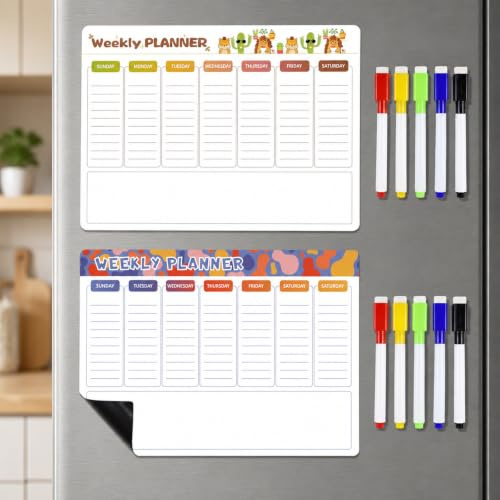 Qibivfo Wochenplaner Magnetisch 2 Stück, Abwischbar, 42×30 cm | Familienplaner & Haushaltsplaner, für Kühlschrank, Menüplaner, Putzplan, To Do Liste, Planungstafel für Büro & Schule