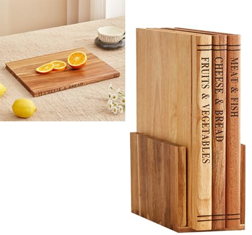 Book Cutting Board Set Easy Storage, 3pcs Wooden Library Shaped Chopping Boards That Look Like Books, Labeled Meat, Fish, Cheese e Bread, Fruits e Vegetables, Durable Serving Board(Beige)