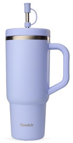QWETCH - Travel Cup 900 ml mit Strohhalm & Henkel – 48 Stunden Eis/12 Stunden kalt – Thermosflasche aus recyceltem Edelstahl – Becher mit spritzsicherem Schraubverschluss – Thermobecher – Glyzinie