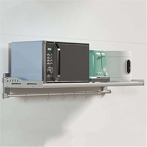 Rejilla for horno de microondas acero inoxidable, estante soporte eléctrico montado en la pared con 6 ganchos, olla plegable for especias, almacenamiento organizador cocina(60x35cm)