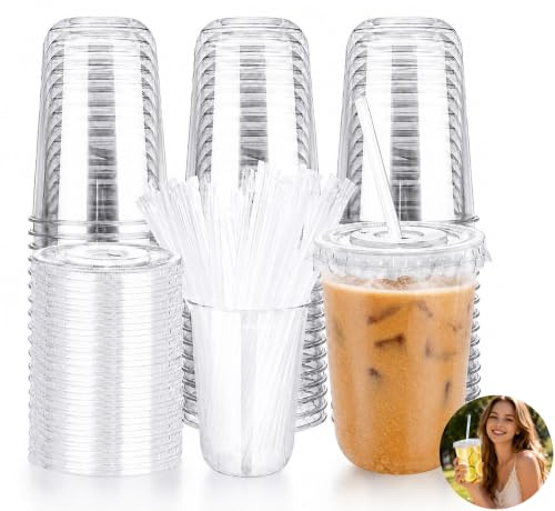50PCS Plastikbecher mit Deckel und Strohhalm (16 Floz), Dessertbecher, Smoothie Becher, für Milchshakes, Smoothies, Smoothie für Kaltgetränke Glühwein, Wiederverwendbare Trinkbecher (Transparent)