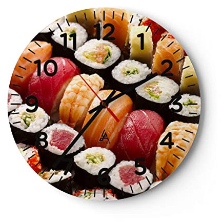 Modern Wanduhr Japan Asien Sushi Fisch 30x30cm Rund Klein Wand Uhr Glas Analog Zimmeruhren Küche Büro Wohnzimmer Glasuhr Wall Clock Dekoration Design Wanddekoration Küchenuhr C4AR30x30-0455