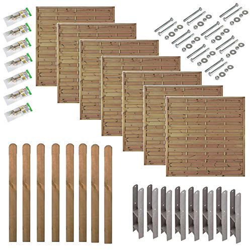 Sichtschutzzaun Holz Berlin Komplettset 13,3 m – 7 Zaunelemente 180x180 cm + 8 Pfosten 9x9x190 cm inkl. H-Pfostenträger, Schrauben & Winkelbeschläge