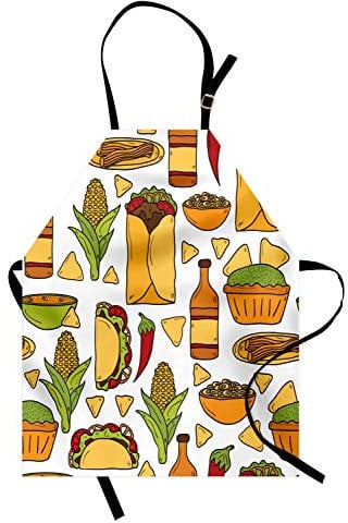 ABAKUHAUS Mexikaner Kochschürze, Latin Food Chili Taco Nachos Burrito Tequila Reis Corns Bester Supper, Höhenverstellbar Klare Farben ohne verblassen, Ringelblume Weiß
