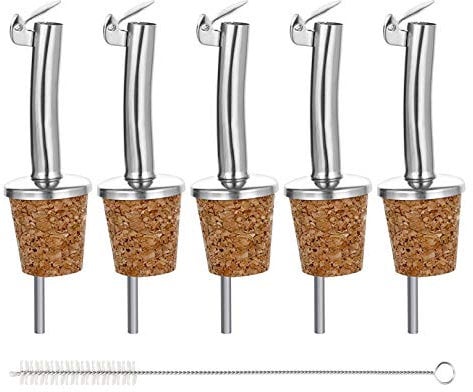 Incutex 5 Bouchon Verseur en Liège et 1 Brosse de Nettoyage, Becs Verseurs Réutilisable avec Clapet pour Bouteilles de Vin, d'huile, de Liqueur, de Vinaigre