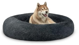 lionto Donutbett für Hunde und Katzen, Flauschiges Hundebett rund für kleine und große Heimtiere, Ø 120 cm, weiches Katzenbett aus kuscheligem Plüsch, Hundekissen mit extra Dicker Füllung, dunkelgrau