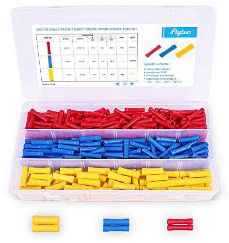 Flytuo 300pcs Butt Splice Connectors,10-22AWG Electrical Connectors Assorted Insulated Electrical Cable Wire Crimp Set Terminals Crimp Connectors Kit