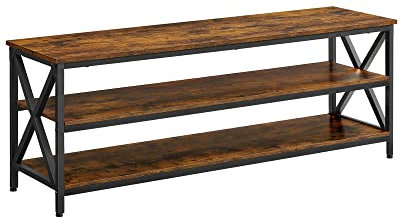 VASAGLE TV-Bank, TV-Ständer, Konsolentisch für Fernseher bis zu 65 Zoll, mit Regalen, X-Rahmen aus Stahl im Landhausstil, 147 x 40 x 50 cm, Rustikales Braun und Schwarz LTV100B01