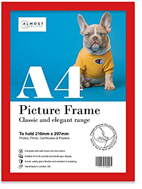 Almost Frameless A4 Red Picture Frame, Fits A4 (21 x 29.7cm - 8.3 x 11.7in) Poster, Photo, or Print. Portrait and Horizontal Wall Hooks/Kickstand Wall Art Display