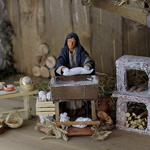 Krippenfiguren Bäckerin mit Trog 14/16 cm aus Ton/Stoff