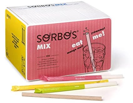 Sorbos - Pailles comestibles, saveurs variées (chocolat, citron vert, citron et fraise). Durable, emballé individuellement, sans allergène, sans gluten, 100 % biodégradable (lot de 200)