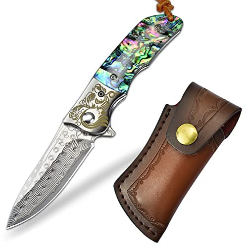 AUBEY Damast Taschenmesser mit Abalone Griff, EDC Messer Klappmesser Outdoor, Einhandmesser Damastmesser Japanisches Angelmesser Geschenk - Klingenlänge: 7 cm