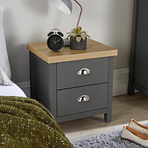 Home Source Bedside Table Nightstand, 2 Drawer, Oak Effect Dark Grey Lamp Side Table
