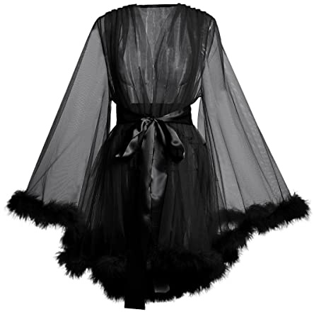 BPURB Damen Sexy Illusion Transparent Spitze Morgenmantel Tüll Feder Robe Schwangerschafts Umstands Fotoshooting Hochzeitskleid Party Bademantel mit Gürtel