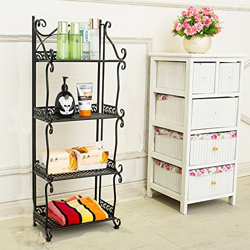 Scaffale da Bagno in Ferro battuto Lavabo da Bagno a Pavimento Lavabo WC Scaffale portaoggetti (Nero Quattro Piani)