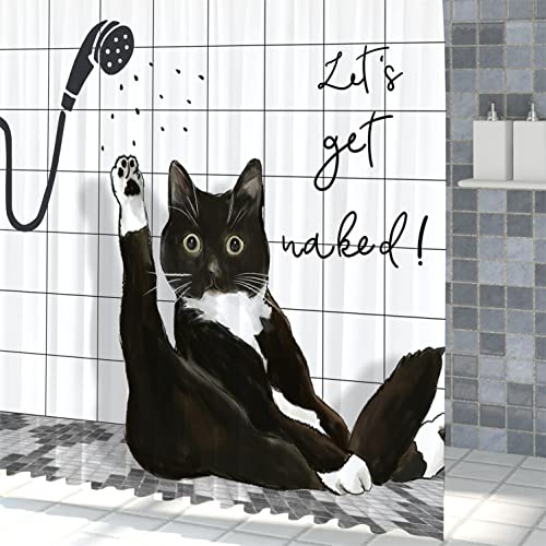 GKLEASG Tenda da doccia con gatto nero, divertente gattino Get Naked Kids lavabile in lavatrice impermeabile in poliestere per vasca da bagno con 12 ganci 182 x 183 cm