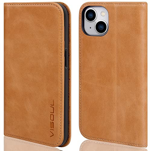 VISOUL Hülle für iPhone 14, Schutzhülle Erstklassiges Rindsleder Schützt vor Stoß Kartenfach Magnetverschluss Stand RFID TPU Etui Case Gelb