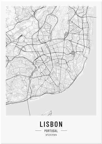 JUNOMI® Lissabon Poster DIN A2 Schwarz Weiss, DIN A2 Wohnzimmer Deko, Modernes Wandbild, Lissabon Bild, Wandbild ohne Rahmen, Stadtplan Poster Lissabon