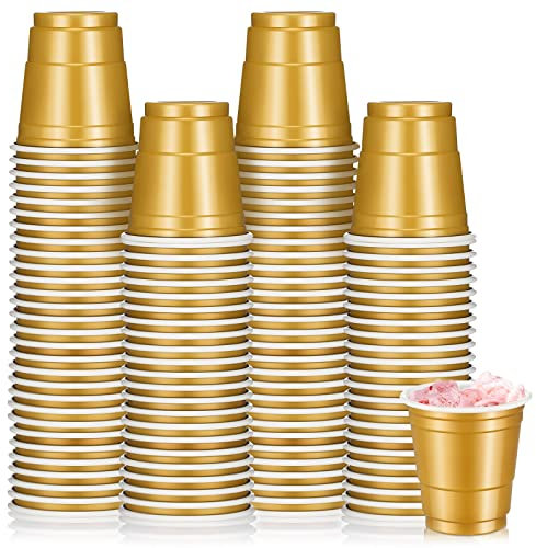 Roshtia 100 Pack 2 oz Graduation Plastic Shot Cups, Mini Disposable Shot Glasses 2 oz Small Plastic Cups for Wedding Party, Graduation Party, Summer Beer Taste Serving, Snacks(Gold)