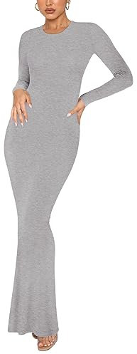 REORIA Women's Sexy Casual Crew Neck Lounge Slimming Long Dress Elegant Wedding Guest Long Sleeve Ribbed Bodycon Maxi Dresses Light Grey Small