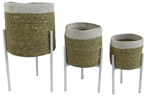 Set de 3 maceteros de Mimbre y Metal en Natural y Blanco 30x30x47, 26x26x39 y 20x20x31cm