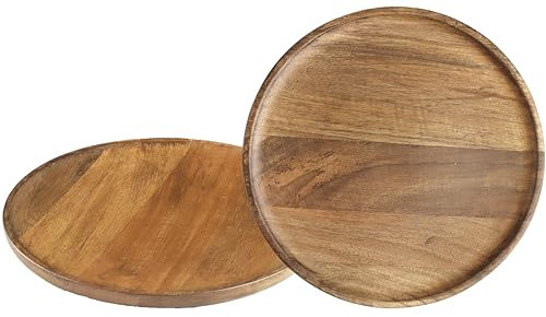 CLEENTABLE 13 Mango Wood Charger Plates Set of 2 – Round Handcrafted Wooden Dinner Plates, Natural Brown Serving Tray for Snacks, Steak, Dessert – Durable, Lightweight, Rustic Table Decor