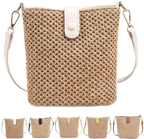 VTYFRY Straw Crossbody Bags for Women Trendy Beach Handmade Rattan Shoulder Bags Woven Leather Straps Clutch Purse Vacation, White, L
