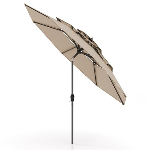 COSTWAY 3M 3-Tier Garden Parasol, Double Vented 8-Ribs Patio Umbrella with Winding Crank and Tilt Function, Outdoor UV Protective Canopy Sun Shade for Beach Poolside (Beige)