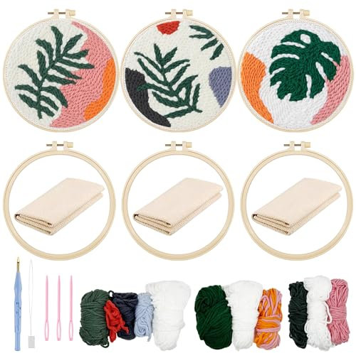 Allazone Punch Needle Stickerei Set für Anfänger, Stanznadel Stickerei Starter Kit mit Blatt Muster, Garnen, Stickrahmen, Einfädelwerkzeug und Anleitung